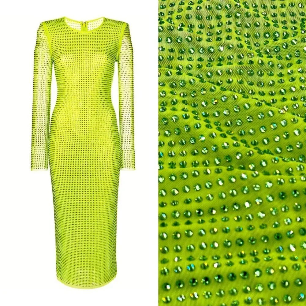 Self-Portrait Hot Fix GG Green Crystal Embellished Stretch Midi Dress
